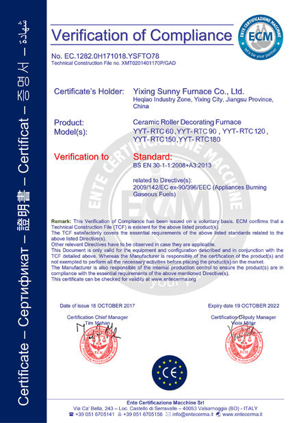 중국 Yixing Sunny Furnace Co., Ltd 인증